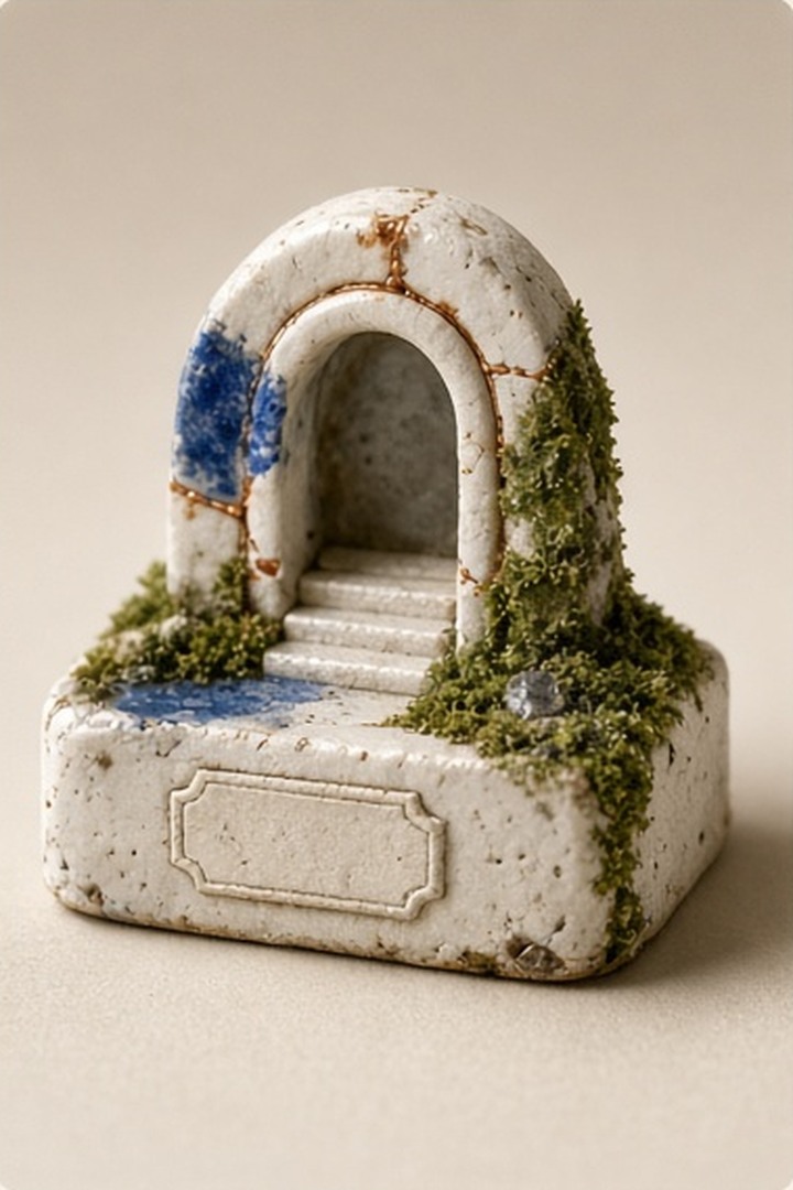 A handmade ceramic threshold opening into a sheltered interior