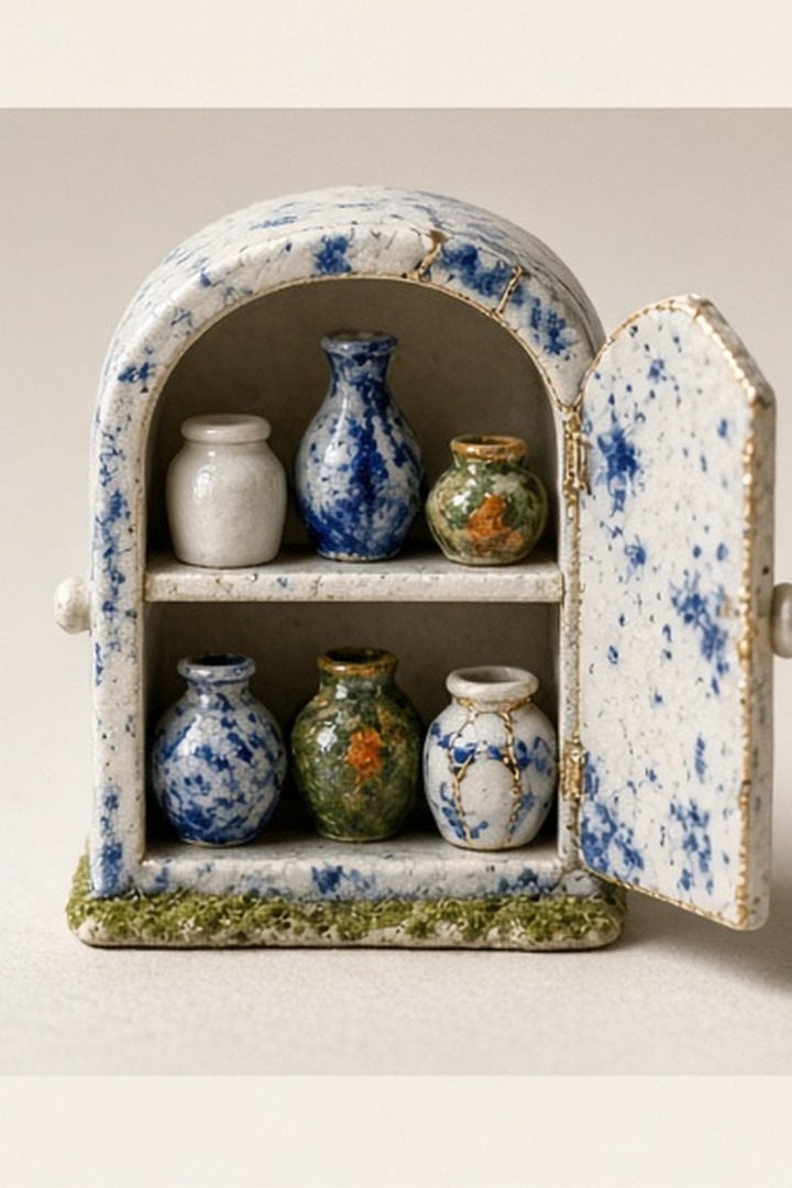 A private ceramic cabinet holding several blank note vessels