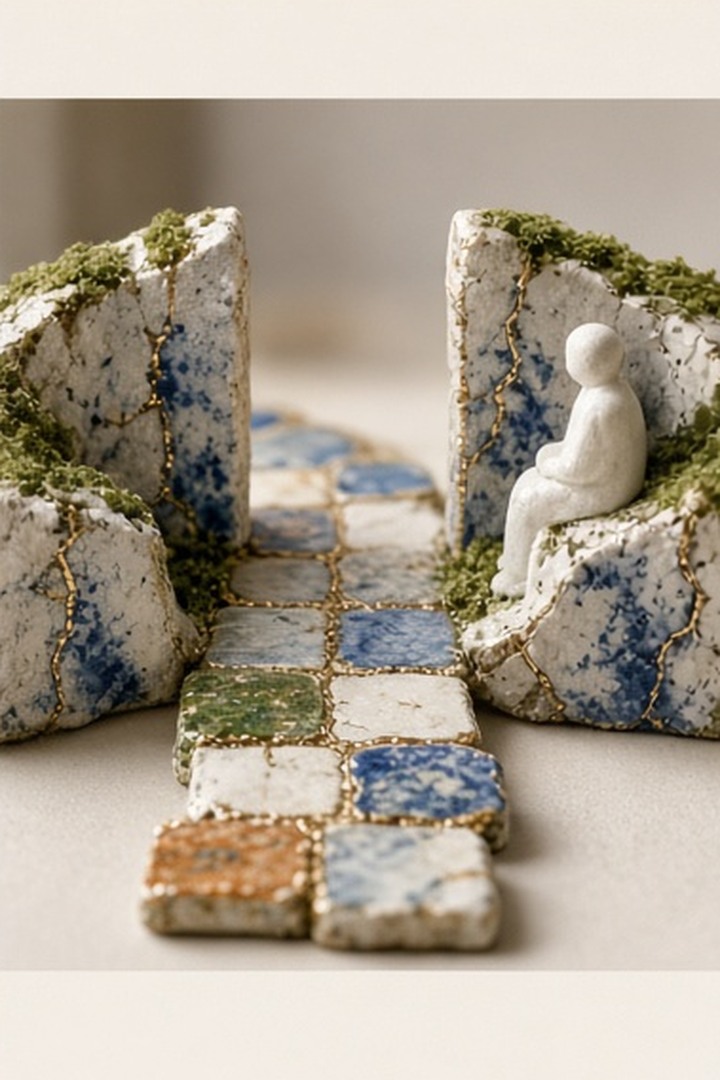 A warm ceramic lantern beside a clear path toward human help