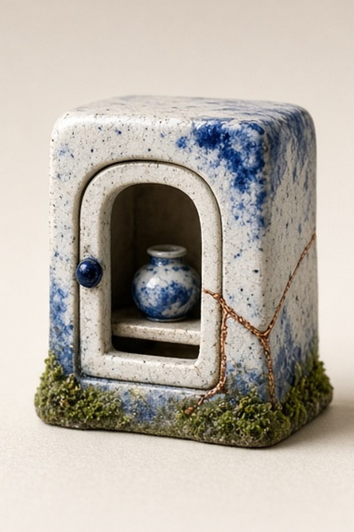A ceramic note vessel stored inside a closed local cabinet