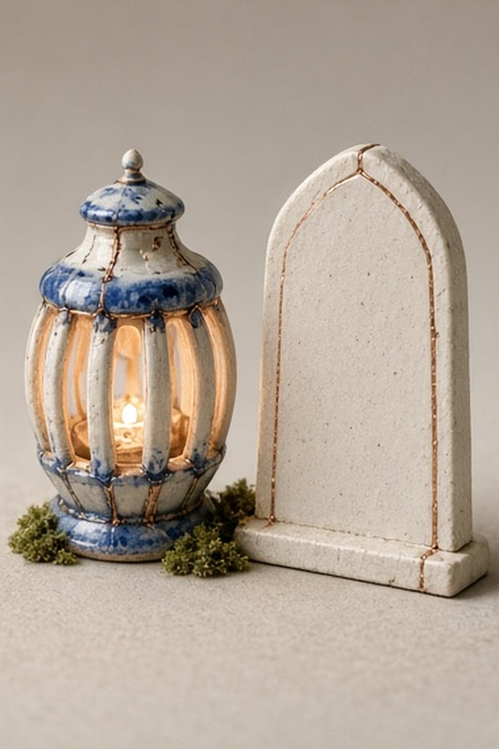 A ceramic policy lantern beside a blank publisher plaque